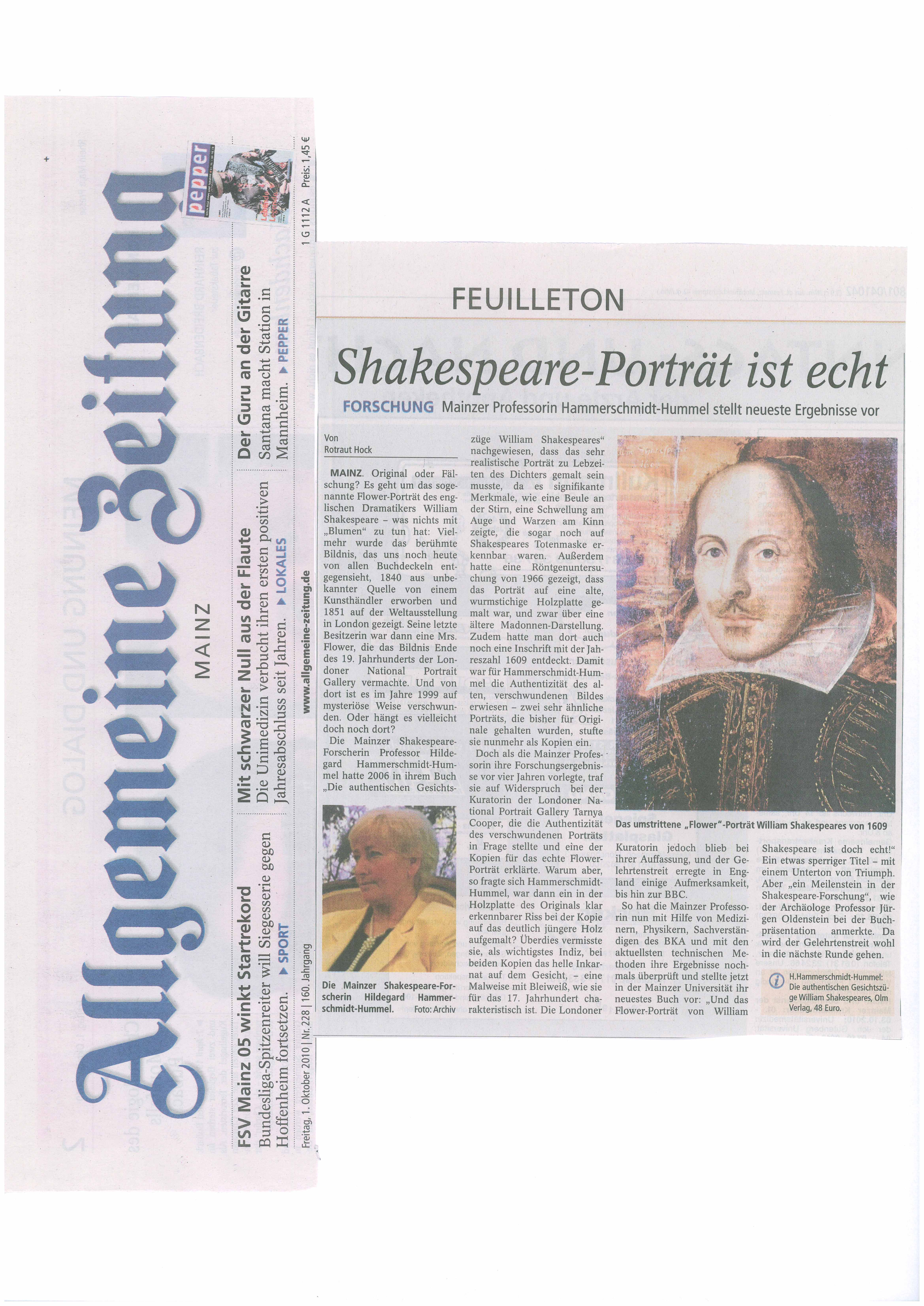 R. Hock, Shakespeare-Porträt ist echt, Allgemeine Zeitung Mainz,